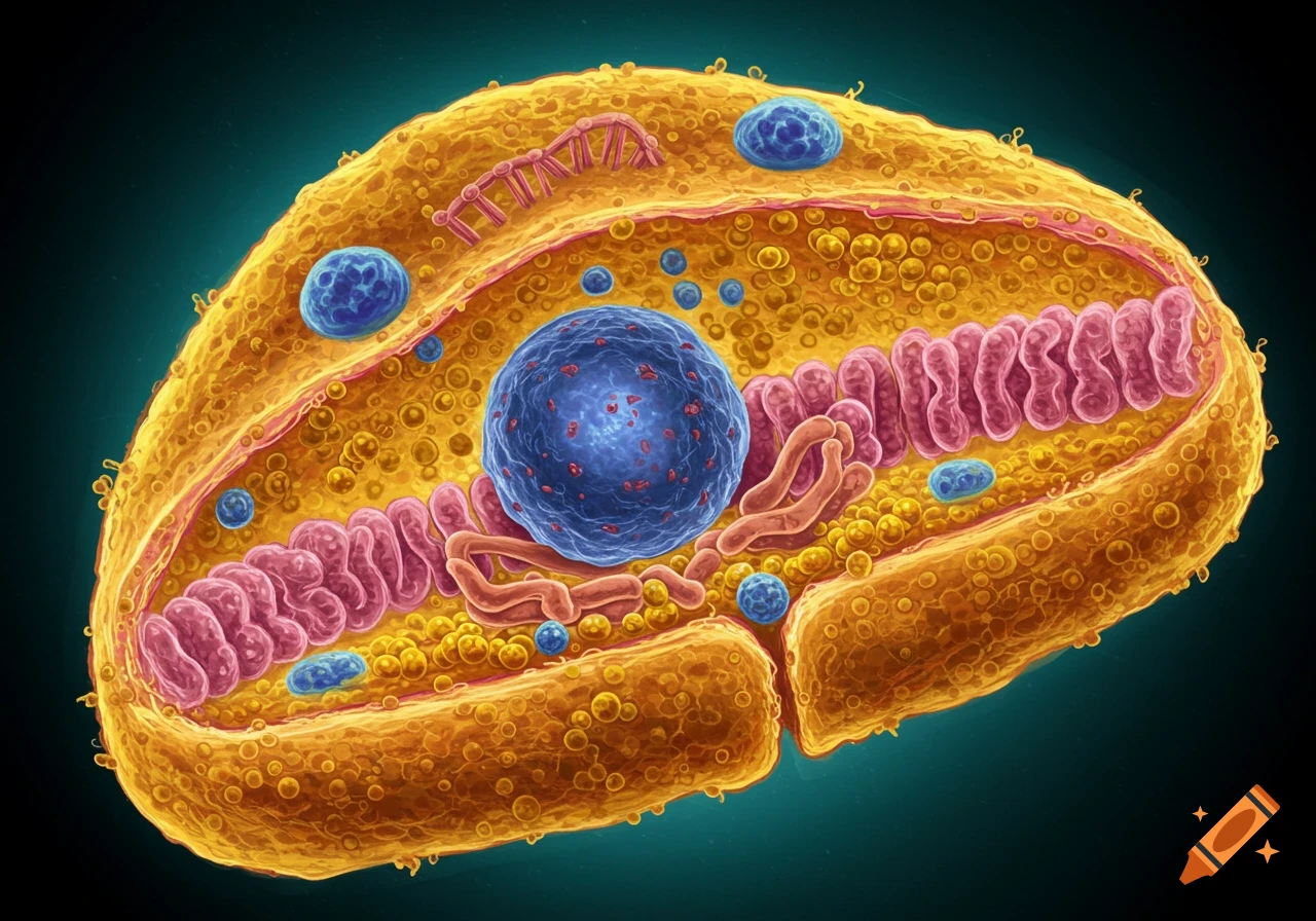 Illustration of an animal cell with internal organelles