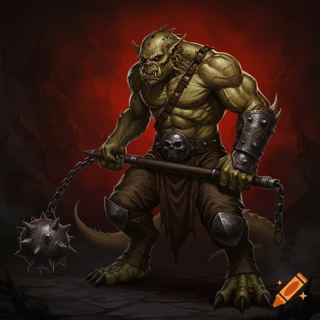 A fantasy monster, an orc or half-dragon creature, holding a flail.