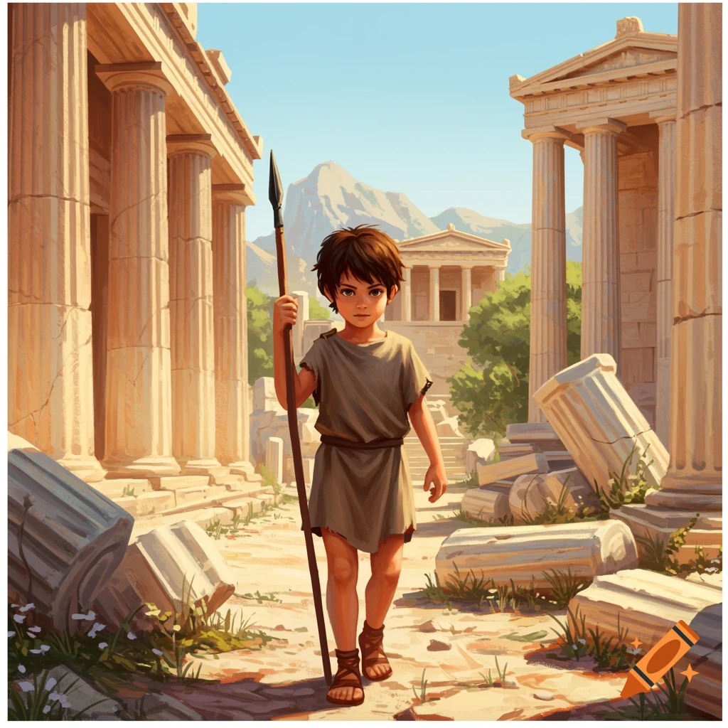 A young boy with a spear walks through ancient Greek ruins.