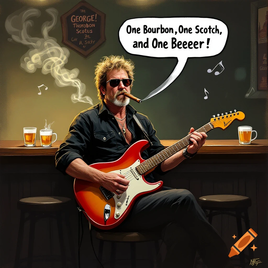 A man with a guitar and cigar is in a bar, with a speech balloon saying 'One Bourbon, One Scotch, and One Beeeeer!'