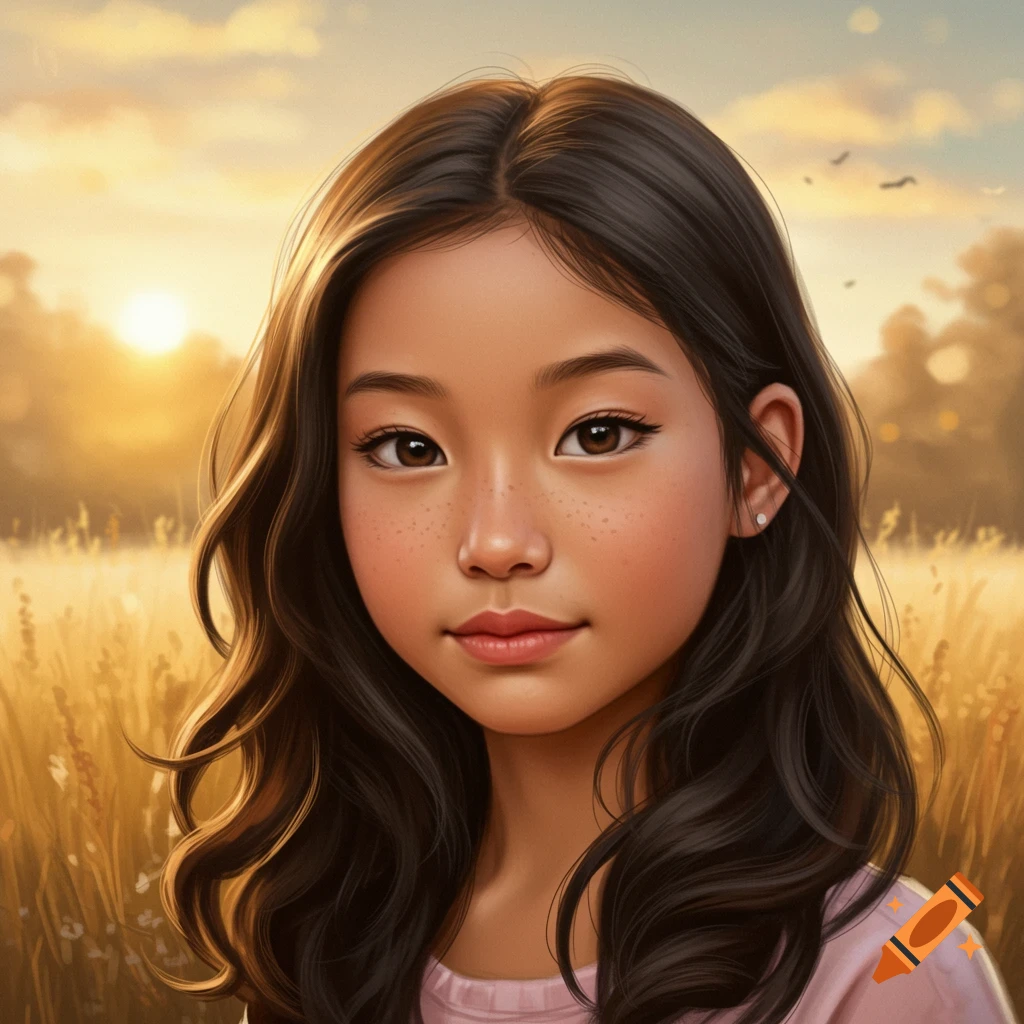 A portrait of a young girl with long dark hair and freckles, standing in a field at sunset.