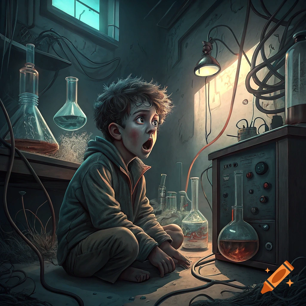 An illustration of a young boy looking surprised in a dimly lit laboratory filled with beakers, flasks, and wires.