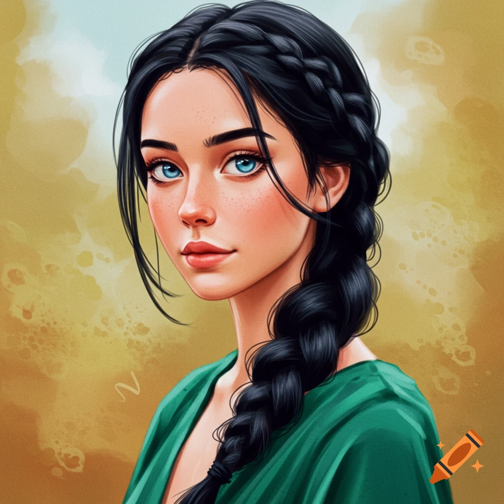 Portrait of a woman with a dark braid, blue eyes, and a green garment.