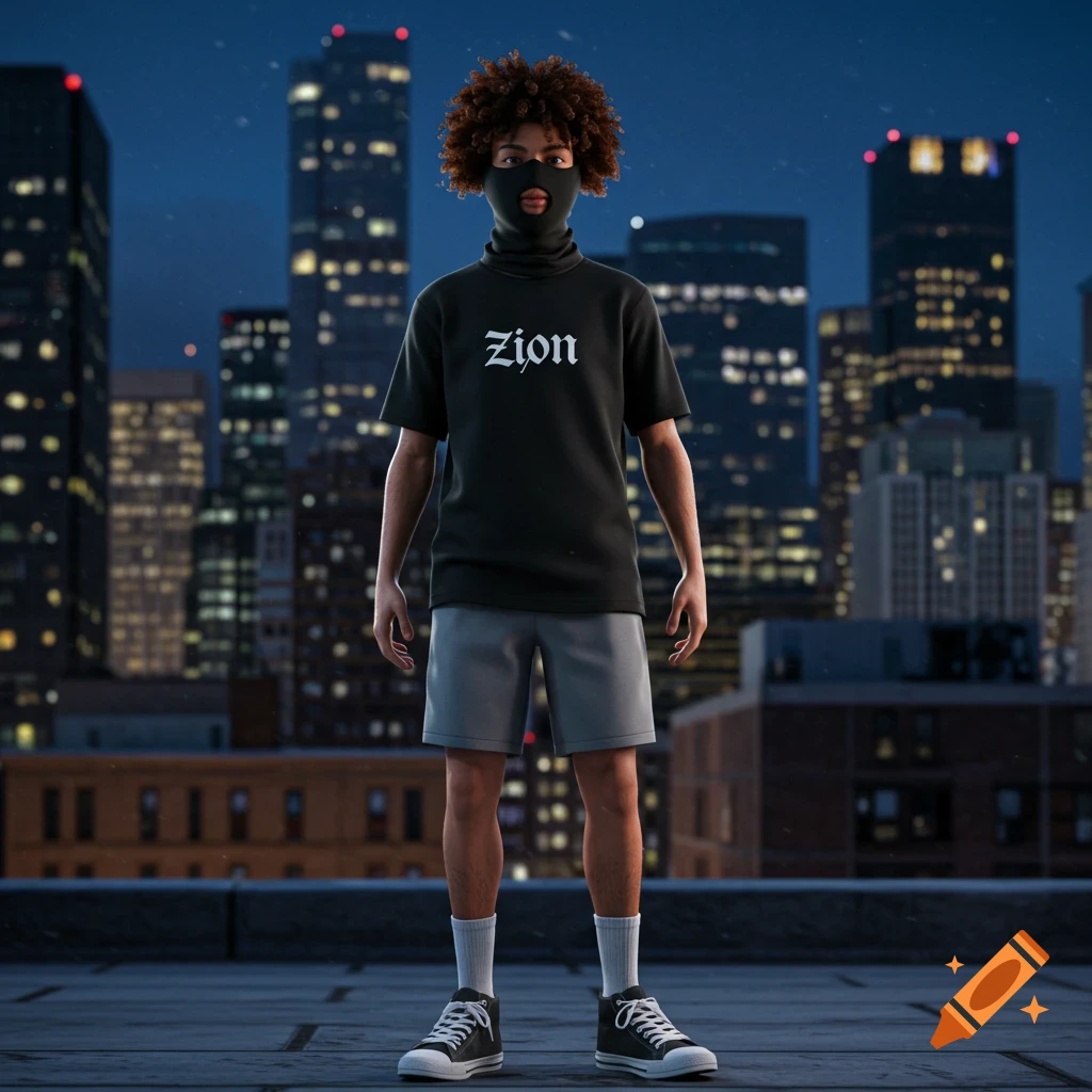 A person in a balaclava and Zion shirt on a city rooftop at night, rendered in a 3D style.