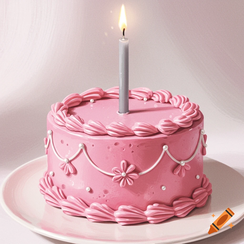 A pink cake with decorative frosting and a lit grey candle on a white plate.
