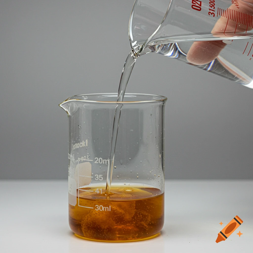 Clear liquid is poured from one glass beaker into another beaker containing a brown liquid.