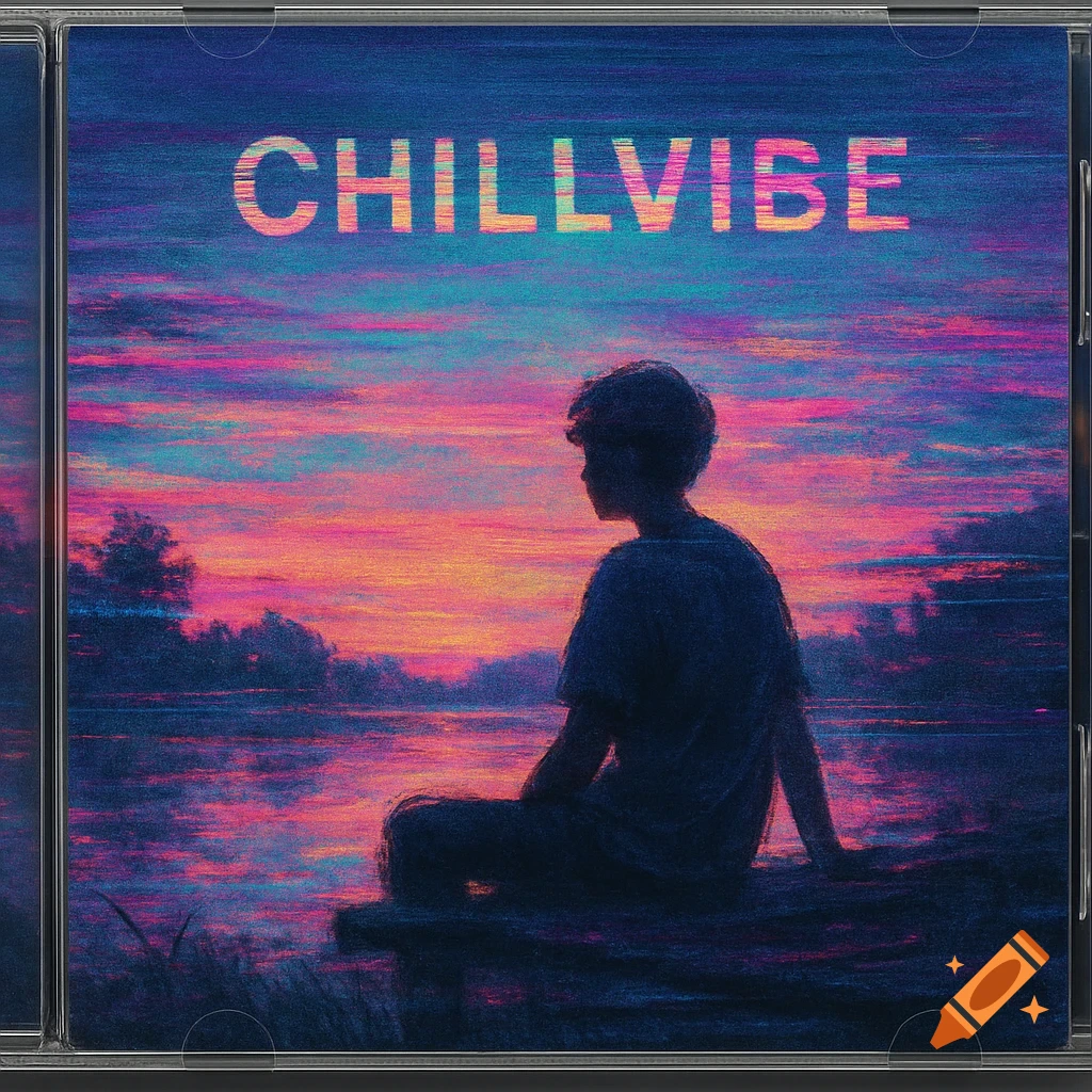A person sitting by a lake at sunset with the word CHILLVIBE.