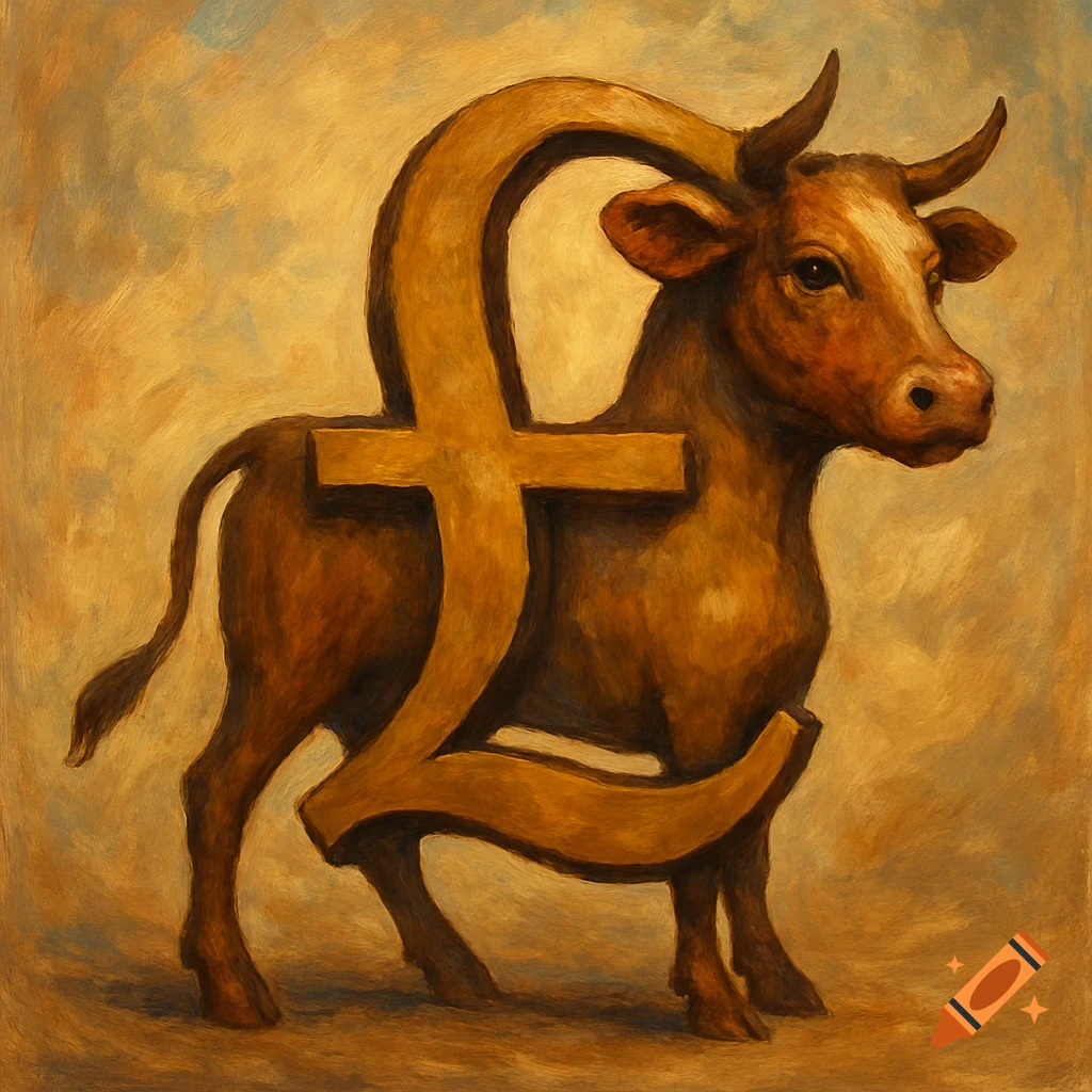 A brown bull combined with a large golden pound sterling symbol.