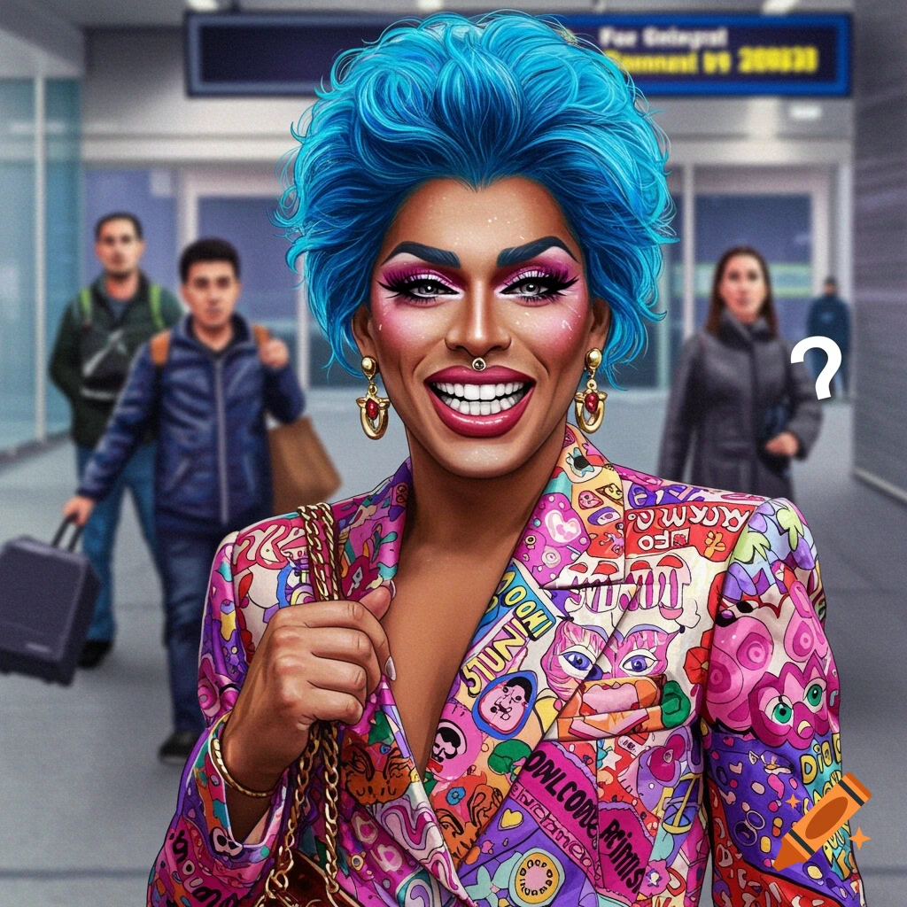 person in drag with blue hair, bright makeup, and colorful suit, smiling in airport.