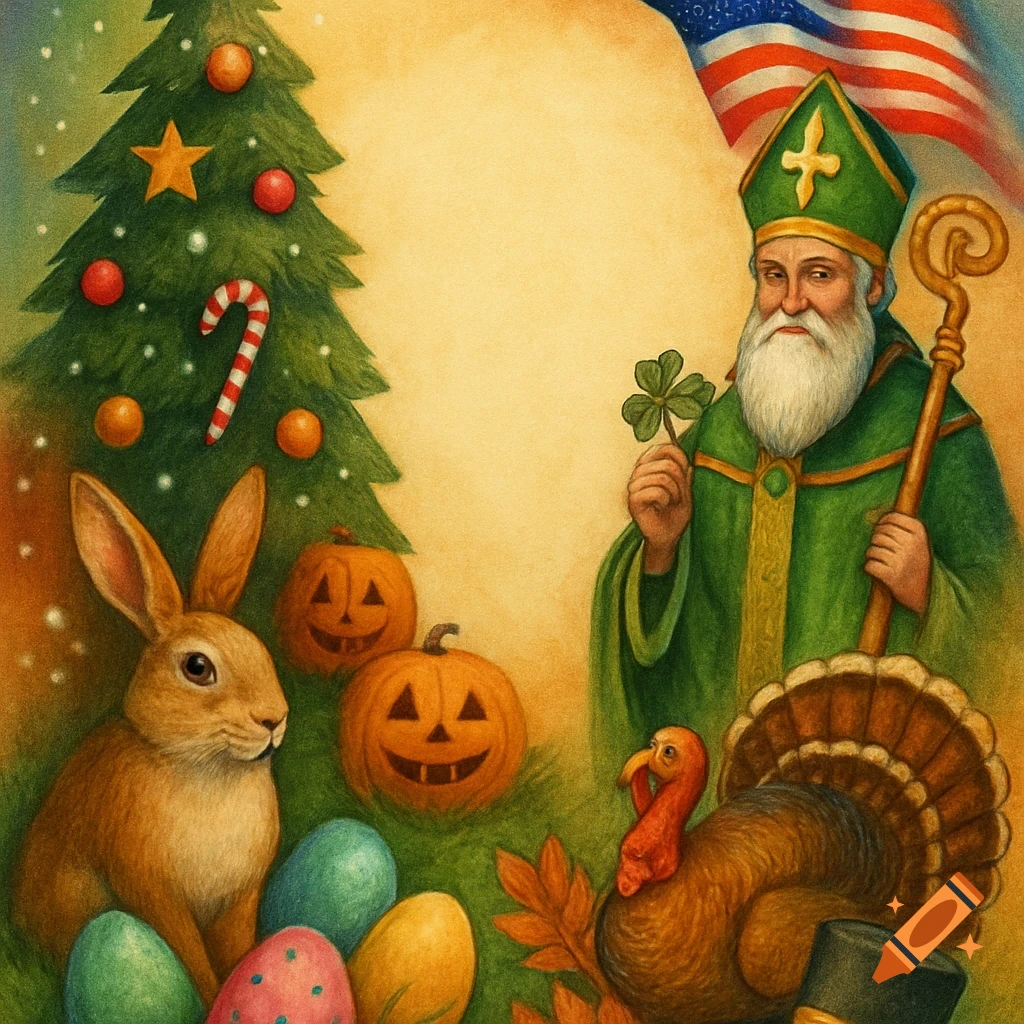 A holiday mashup scene with a Christmas tree, Easter bunny and eggs, pumpkins, St. Patrick, a turkey, and an American flag.