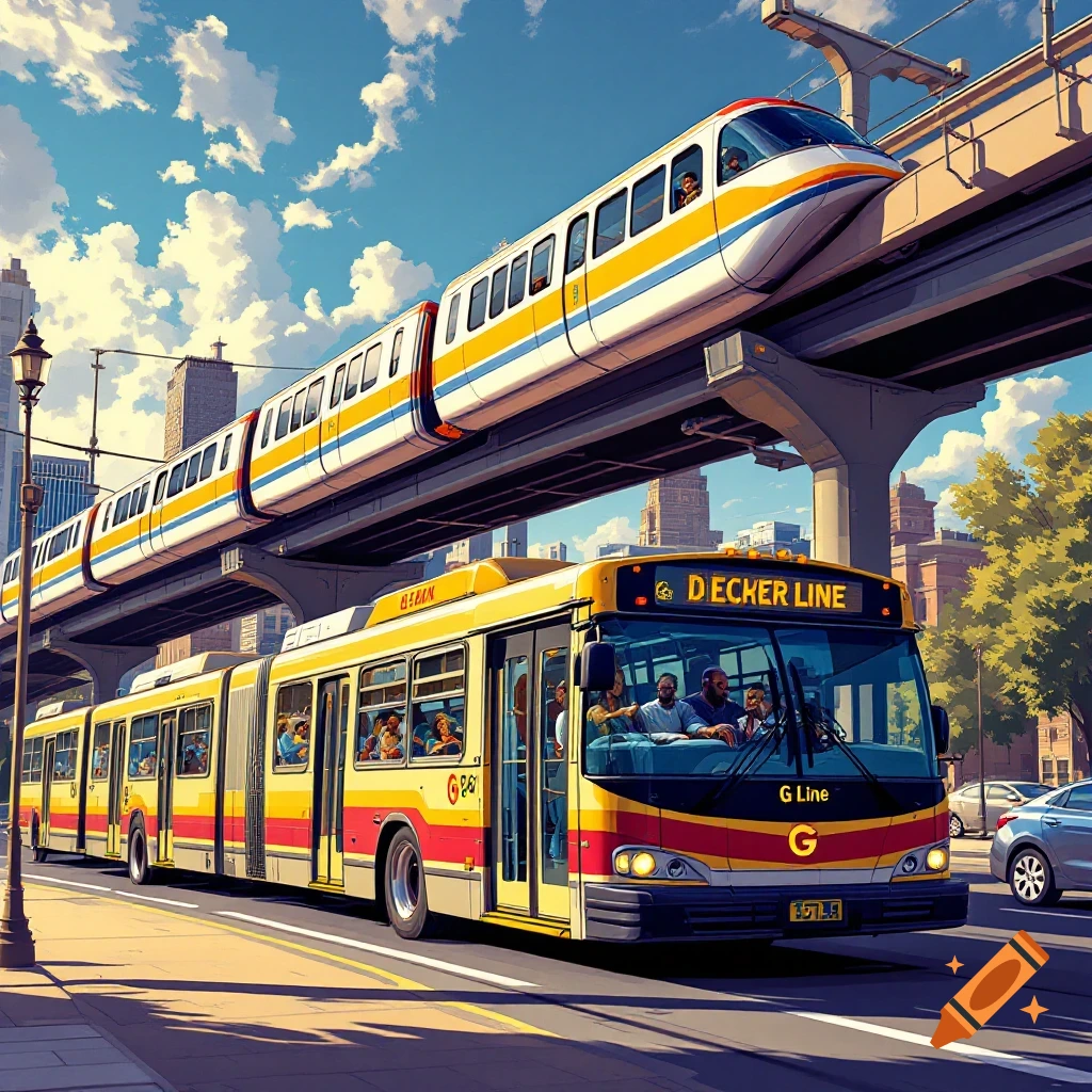 A long articulated bus and a monorail moving on elevated tracks through a sunny city.