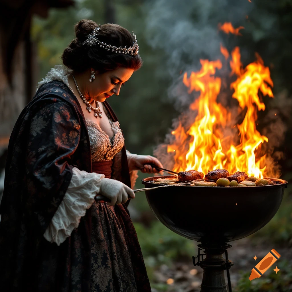 Woman in historical dress grilling outdoors