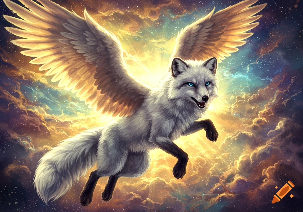 A white arctic fox with golden wings flies through a dramatic, cloudy sky filled with light and stars.