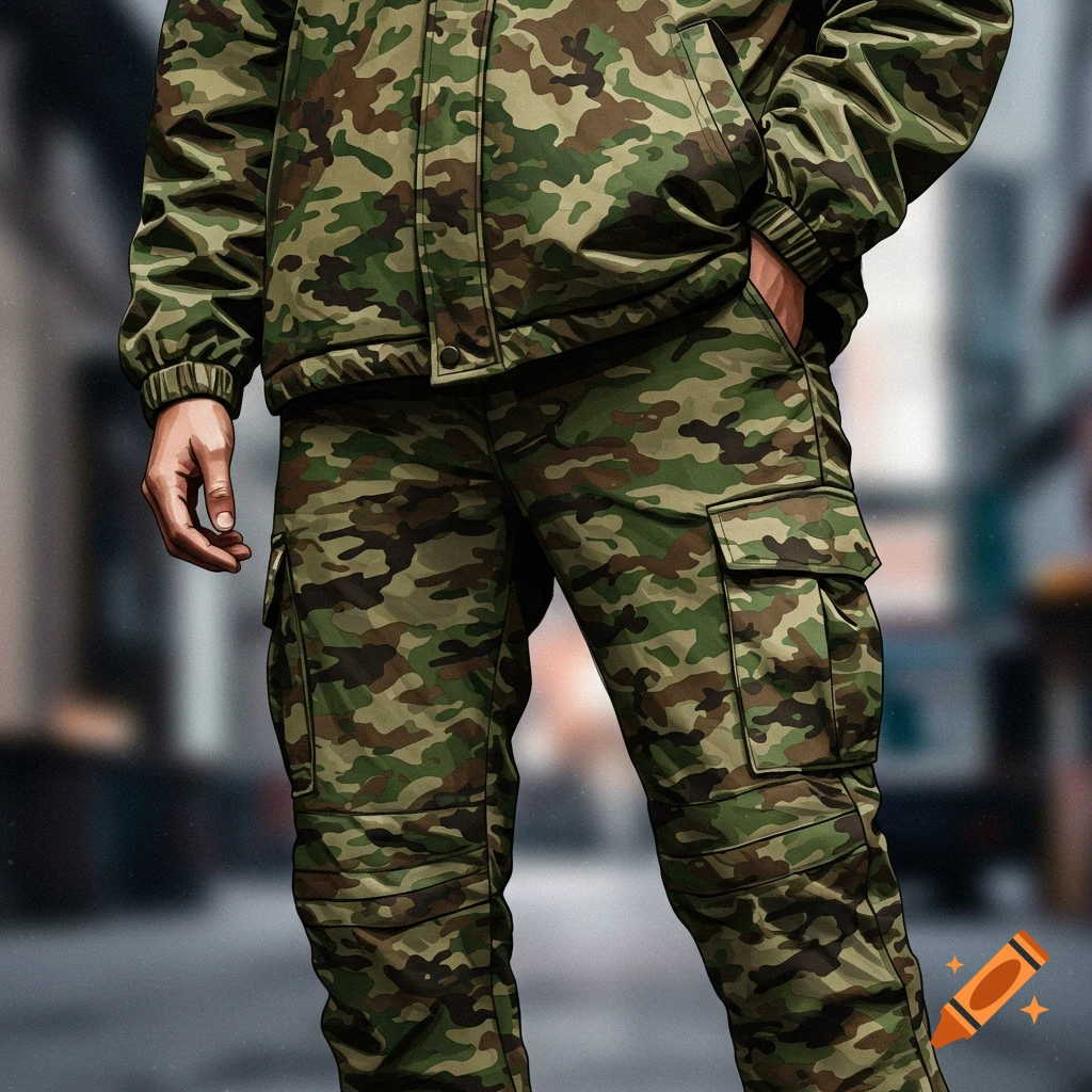 Close-up of a person wearing camouflage pants and jacket.
