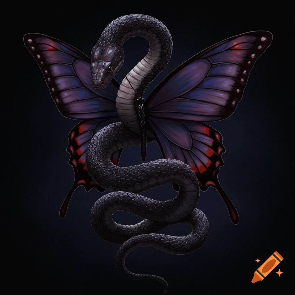 A dark image of a black snake wrapped around a purple butterfly