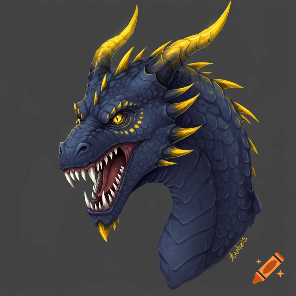 Blue dragon head with yellow horns, scales, and sharp teeth.