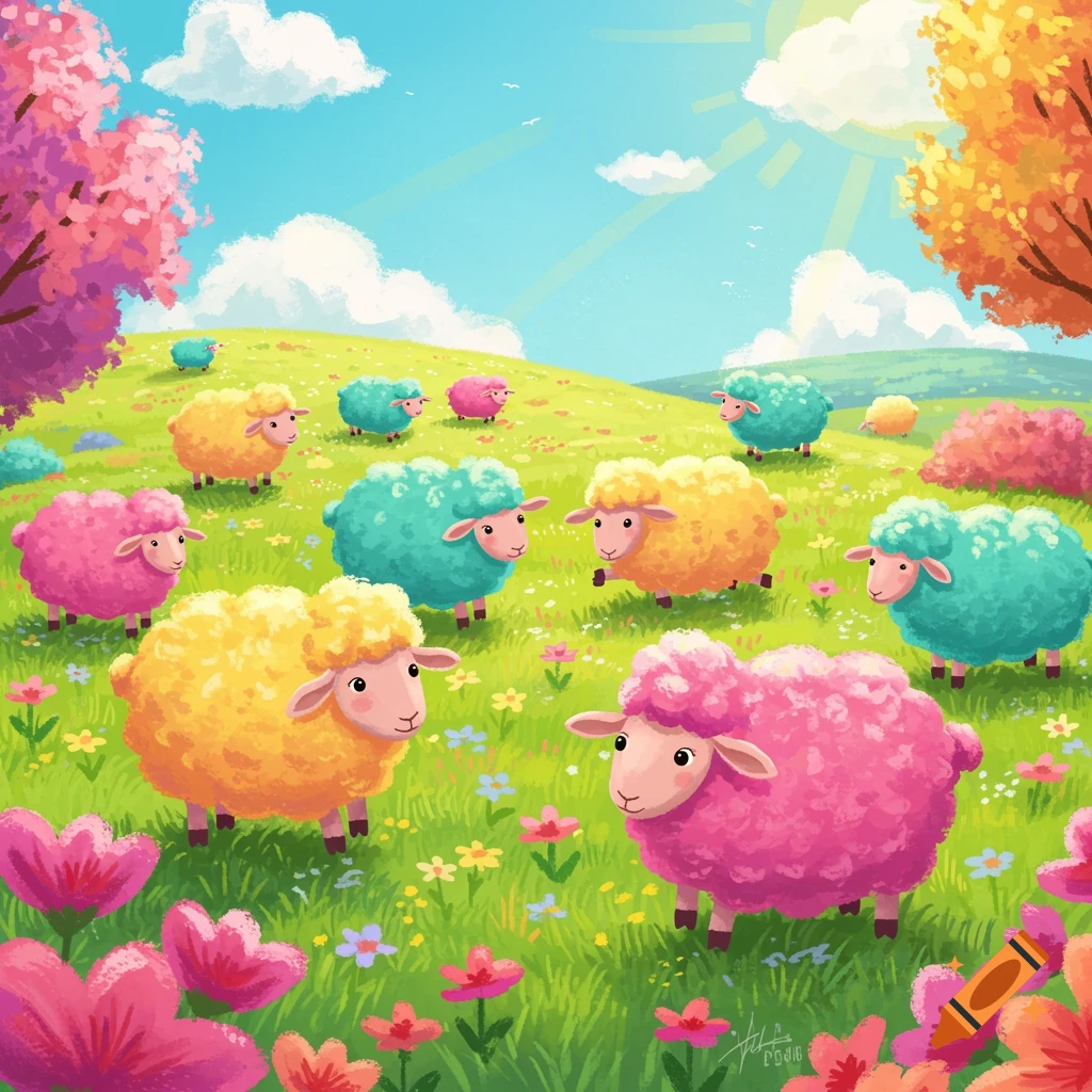 Whimsical cartoon sheep in a bright, flower-filled meadow under a sunny sky.