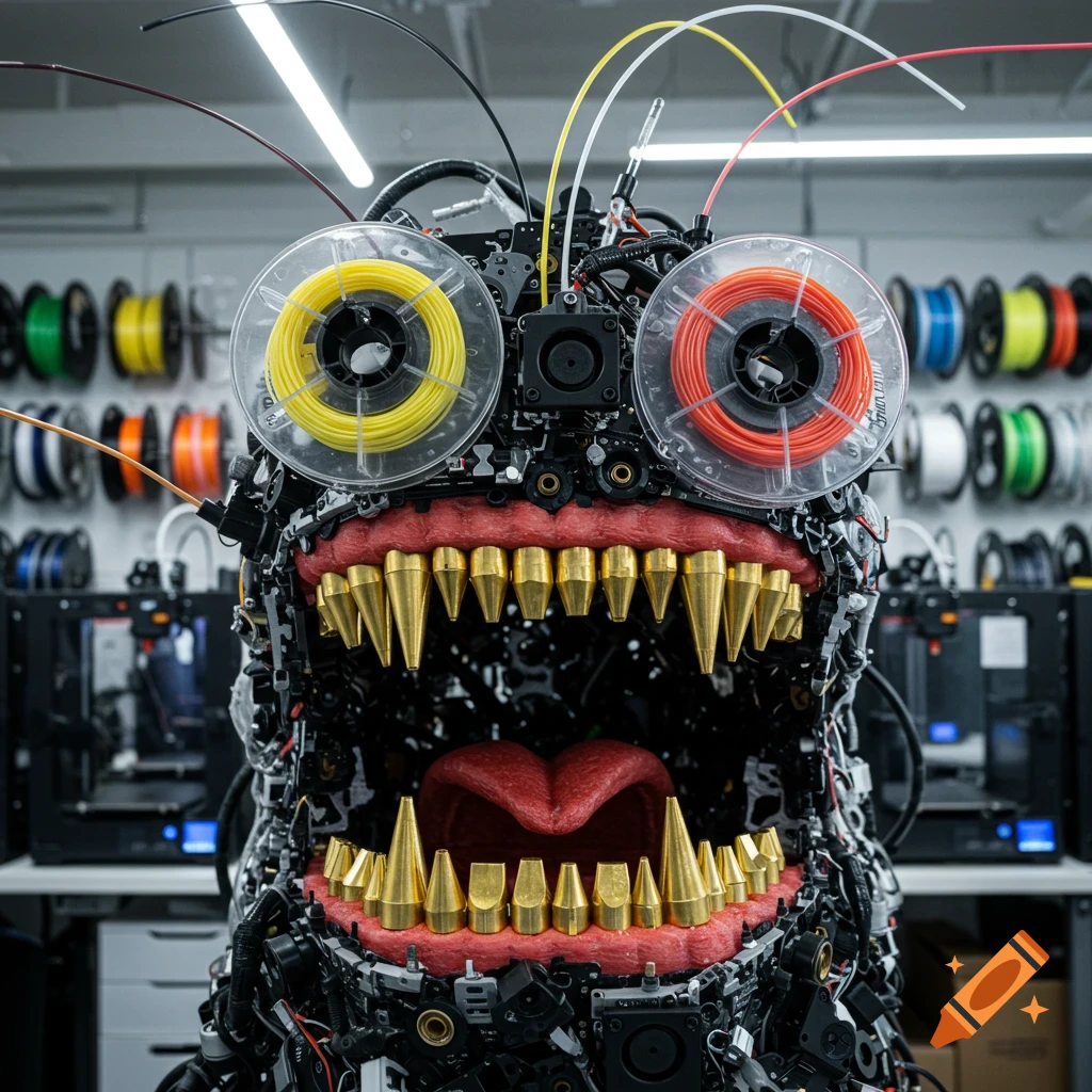 A monster made of 3D printer parts, filament reels, and wires in a workshop.