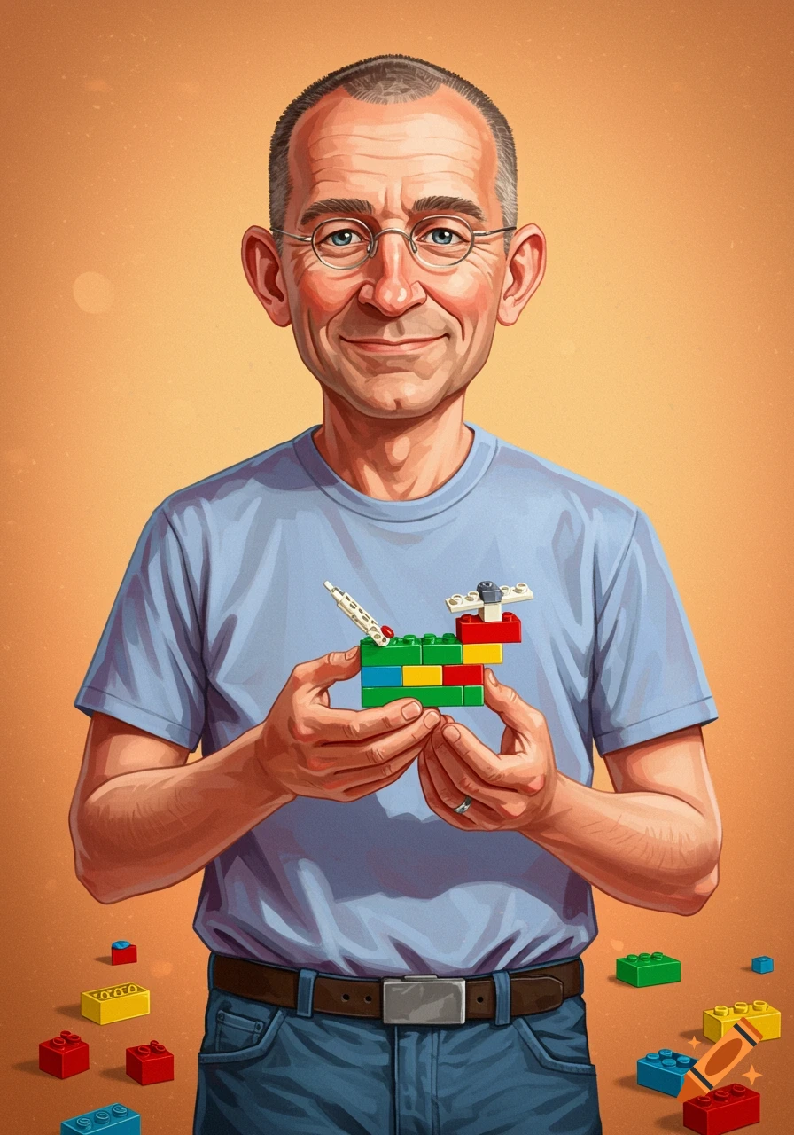 A middle-aged man is smiling and holding a colorful Lego creation.