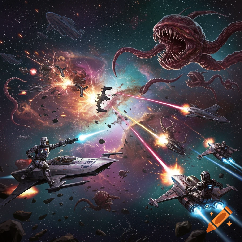 A space battle with spaceships fighting tentacled alien monsters in a colorful nebula.