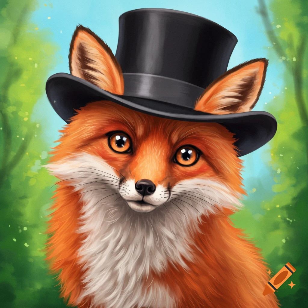 A cute red fox wearing a black top hat in a forest.