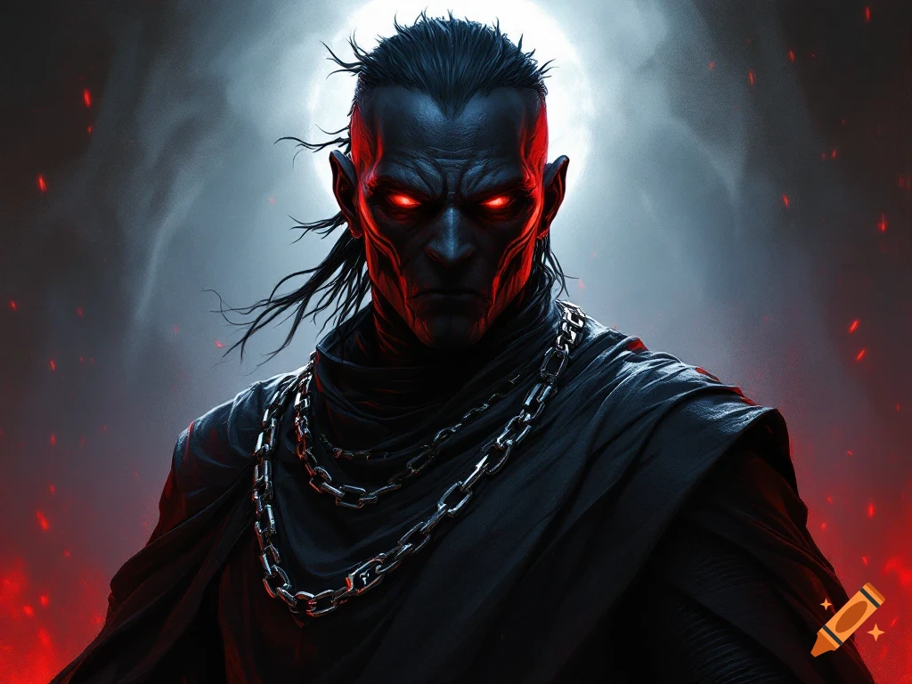 A dark fantasy figure with glowing red eyes and chains stands against a fiery background.