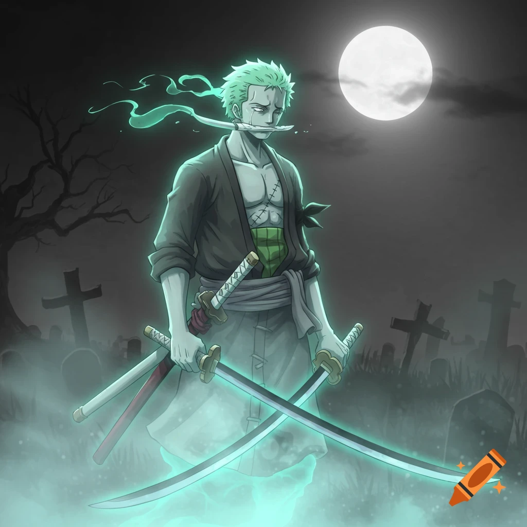 Roronoa Zoro as a ghost in a graveyard