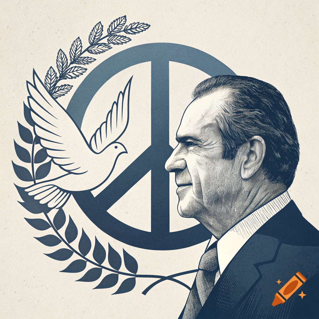 Stylized drawing of Richard Nixon in profile next to a peace symbol, dove, and olive branches.