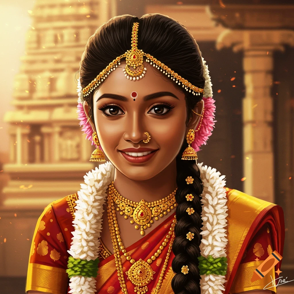 A young woman in traditional Indian bridal attire and gold jewelry, smiling in front of a temple background.