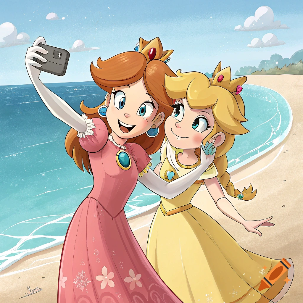 Cartoon of Princess Peach and Princess Daisy taking a selfie on the beach.