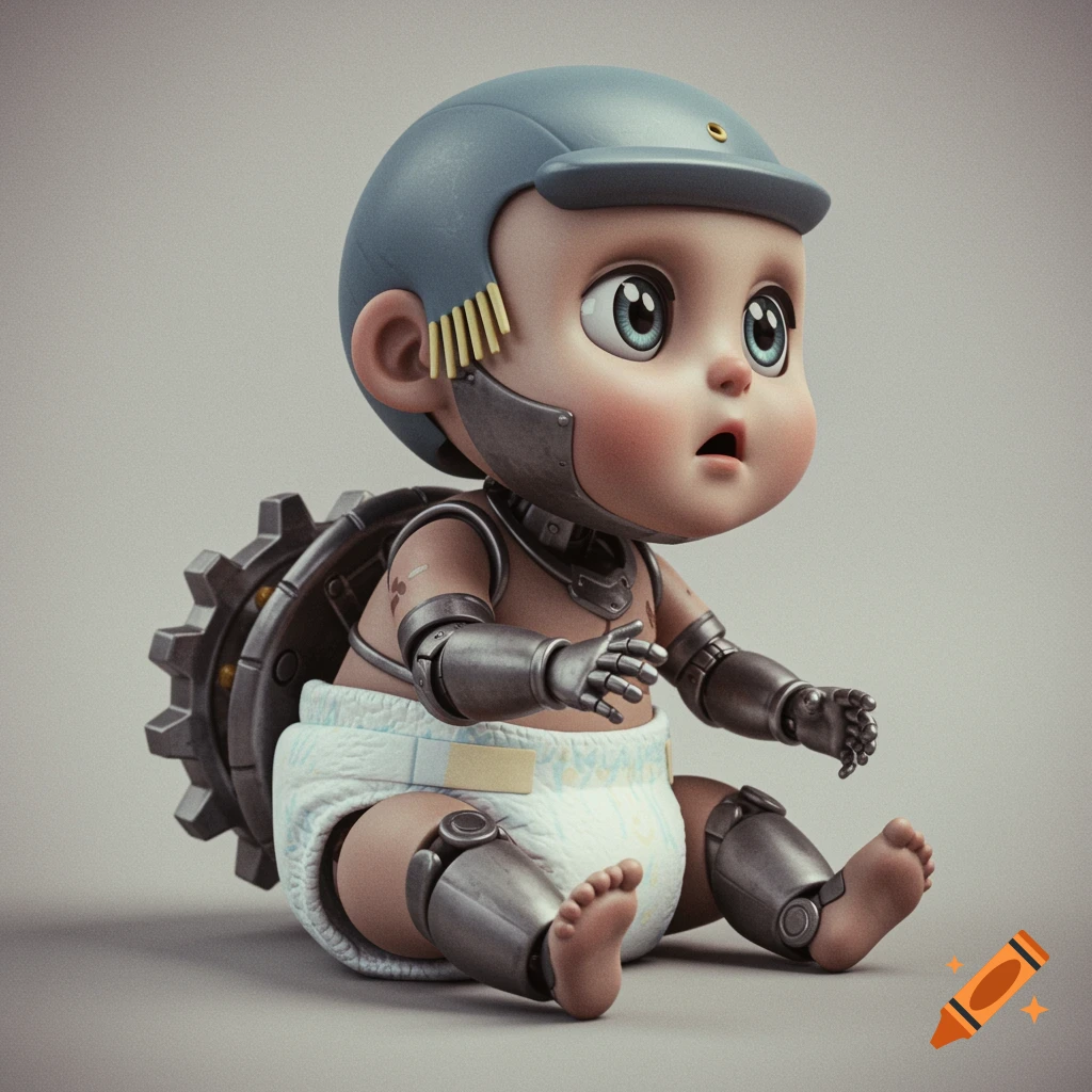 A 3D render of a surprised robotic baby character in a diaper and helmet, with a large gear on its back.