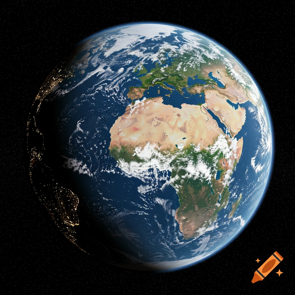 View of planet Earth from space showing continents and city lights