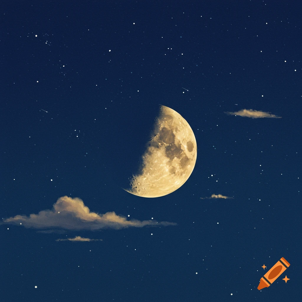 A bright crescent moon hangs in a dark blue night sky filled with stars and wispy clouds.