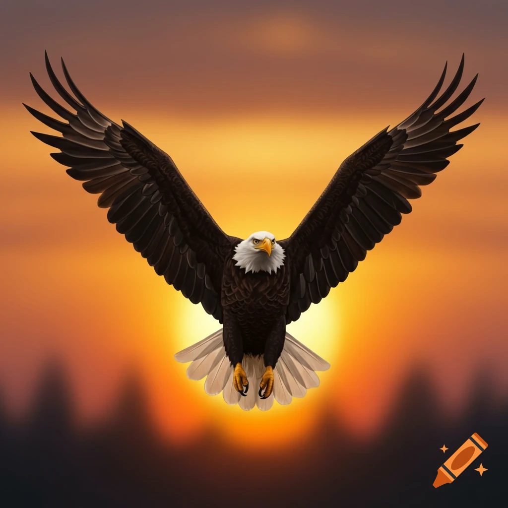 An eagle with wings spread flies against a vibrant sunset sky.