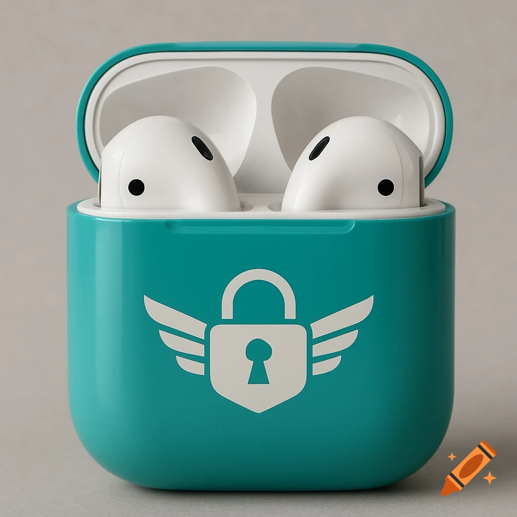 Photorealistic image of an open cyan earbud case with a lock and wings logo, showing earbuds inside.