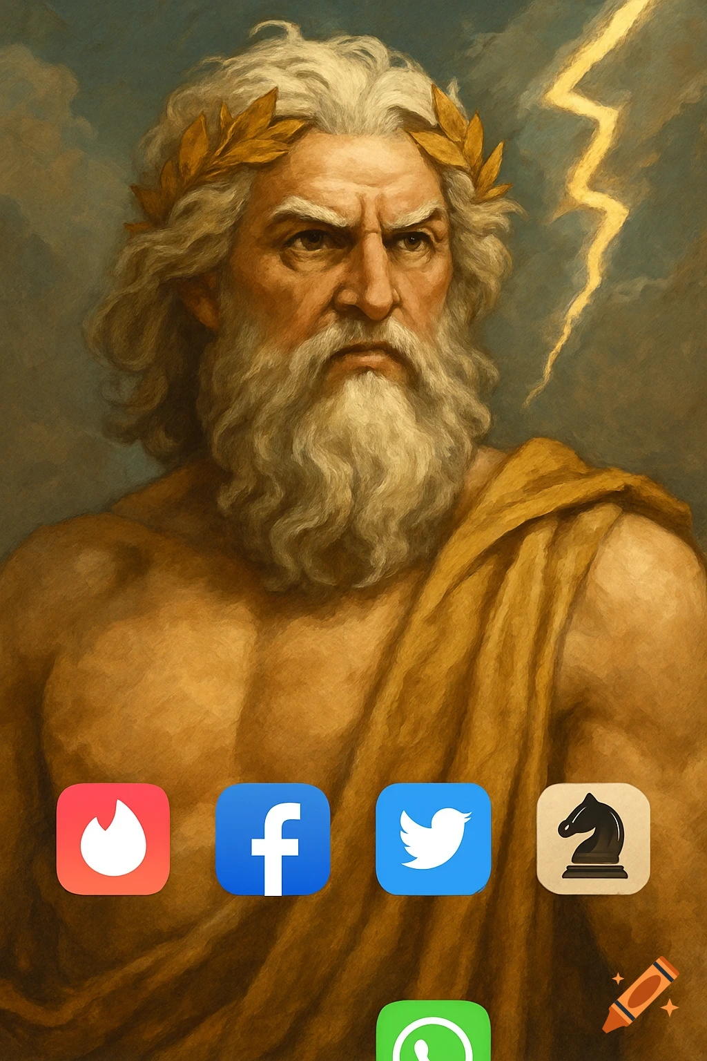 Painting of Zeus with a lightning bolt and app icons (Tinder, Facebook, Twitter, Chess, WhatsApp) below.