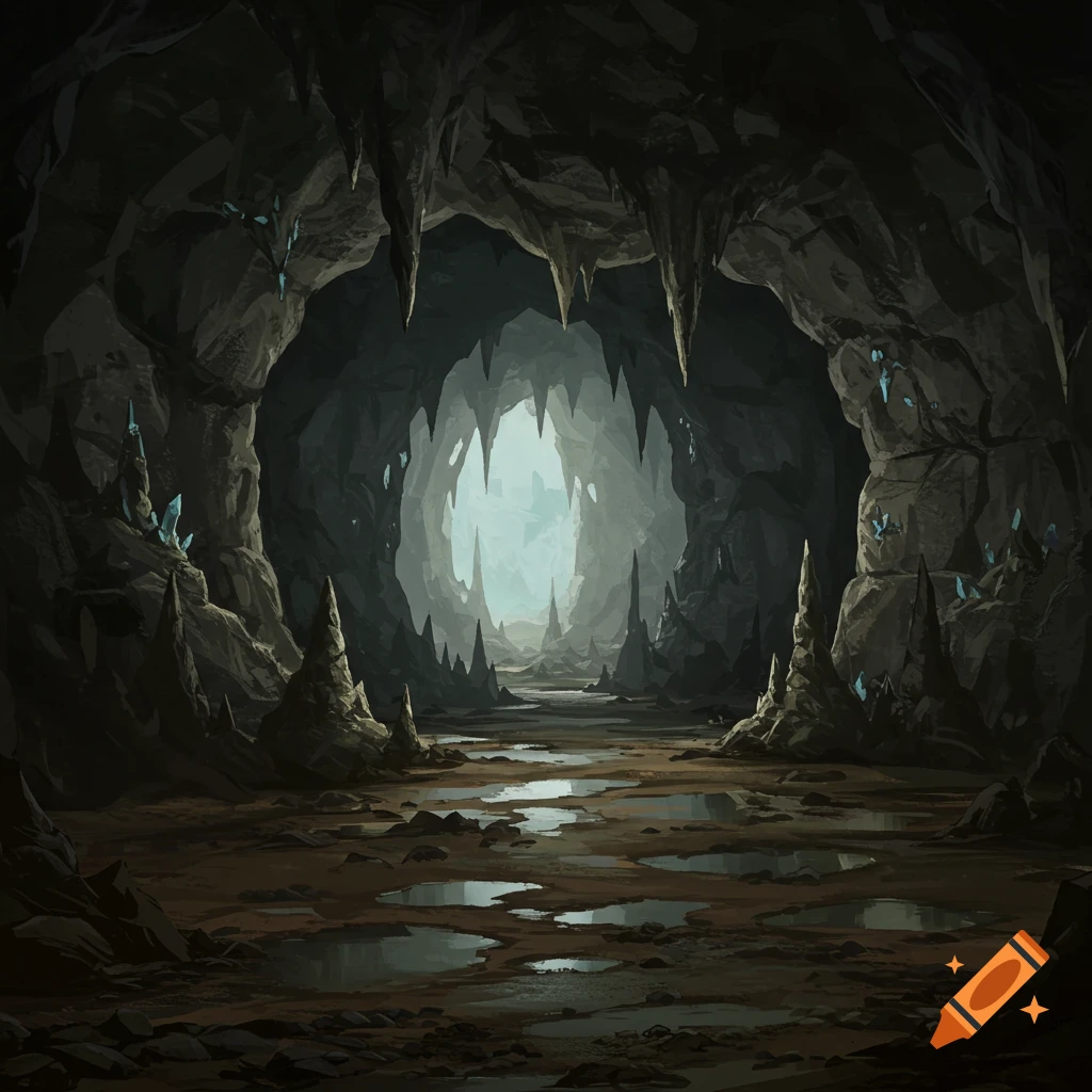 An image of a cave interior with stalactites, stalagmites, water puddles, and light at the end.