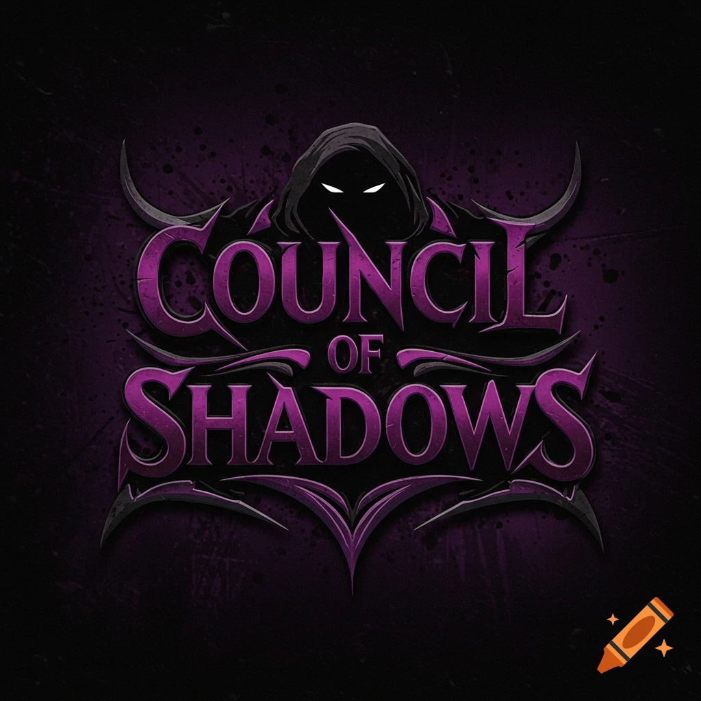 Logo for Council of Shadows featuring text and a hooded figure with glowing eyes in a dark, stylized design.