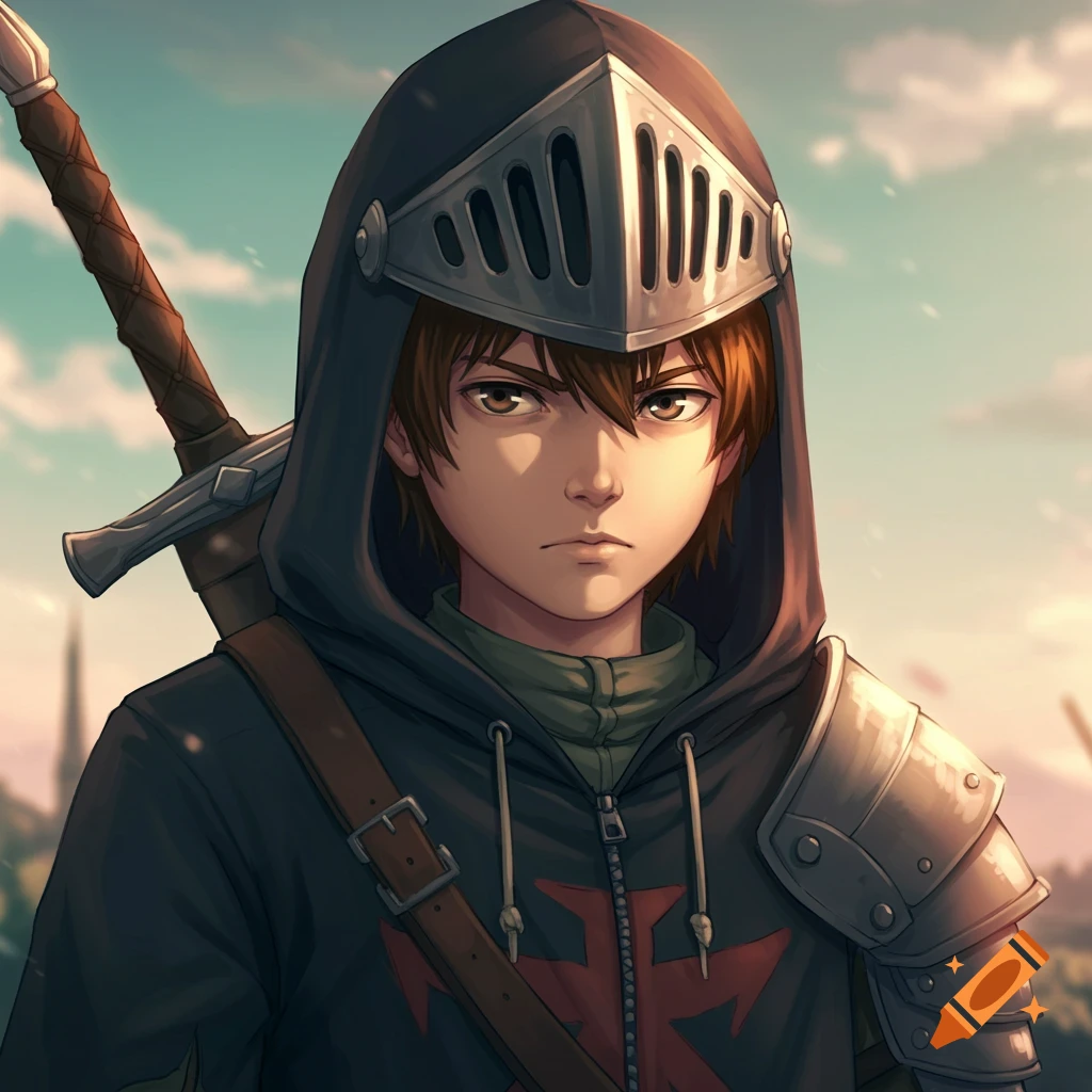 Anime illustration of a young boy wearing a hooded jacket and knight's helmet with a sword on his back