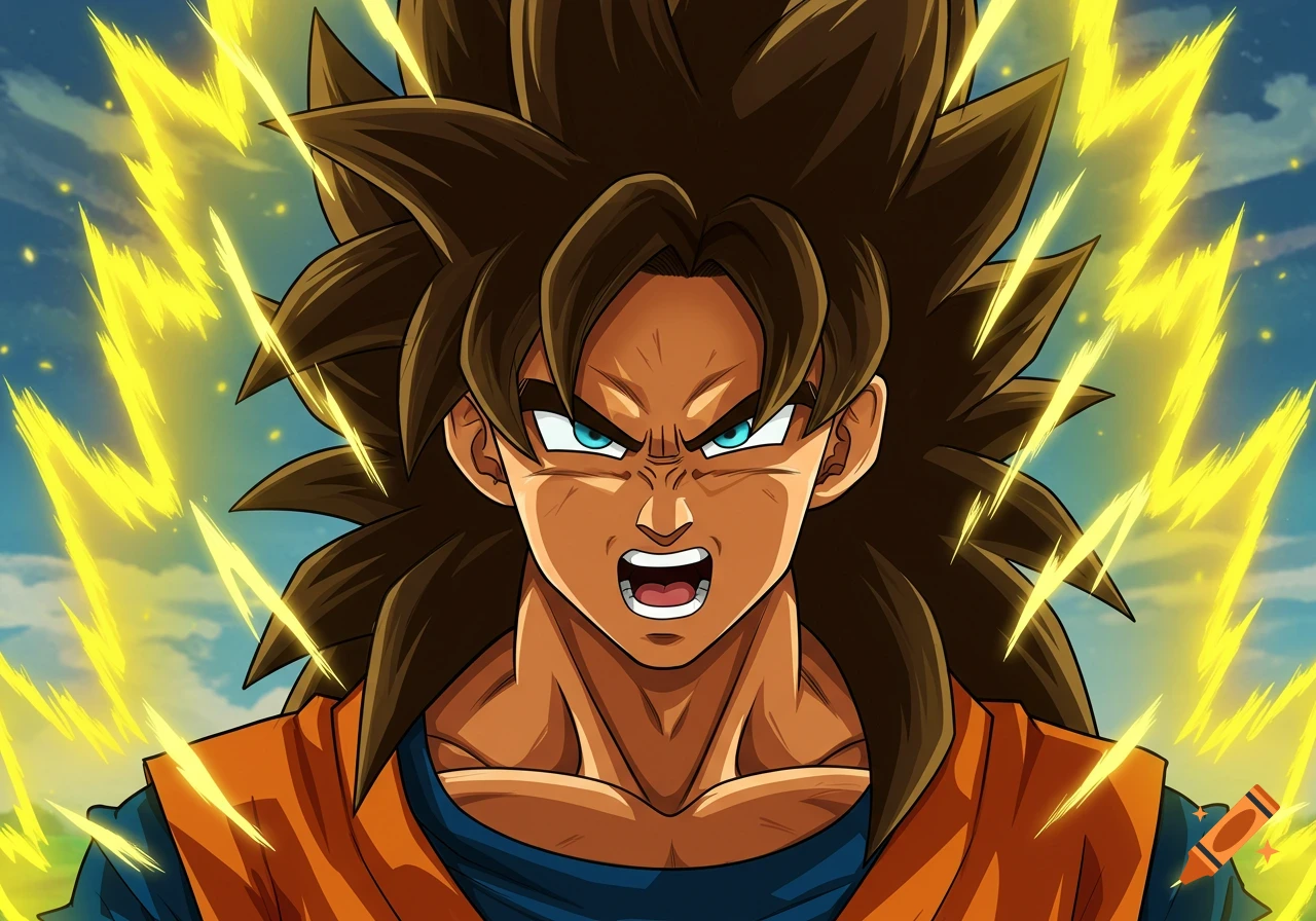 Anime character with spiky brown hair and blue eyes powering up, surrounded by yellow energy