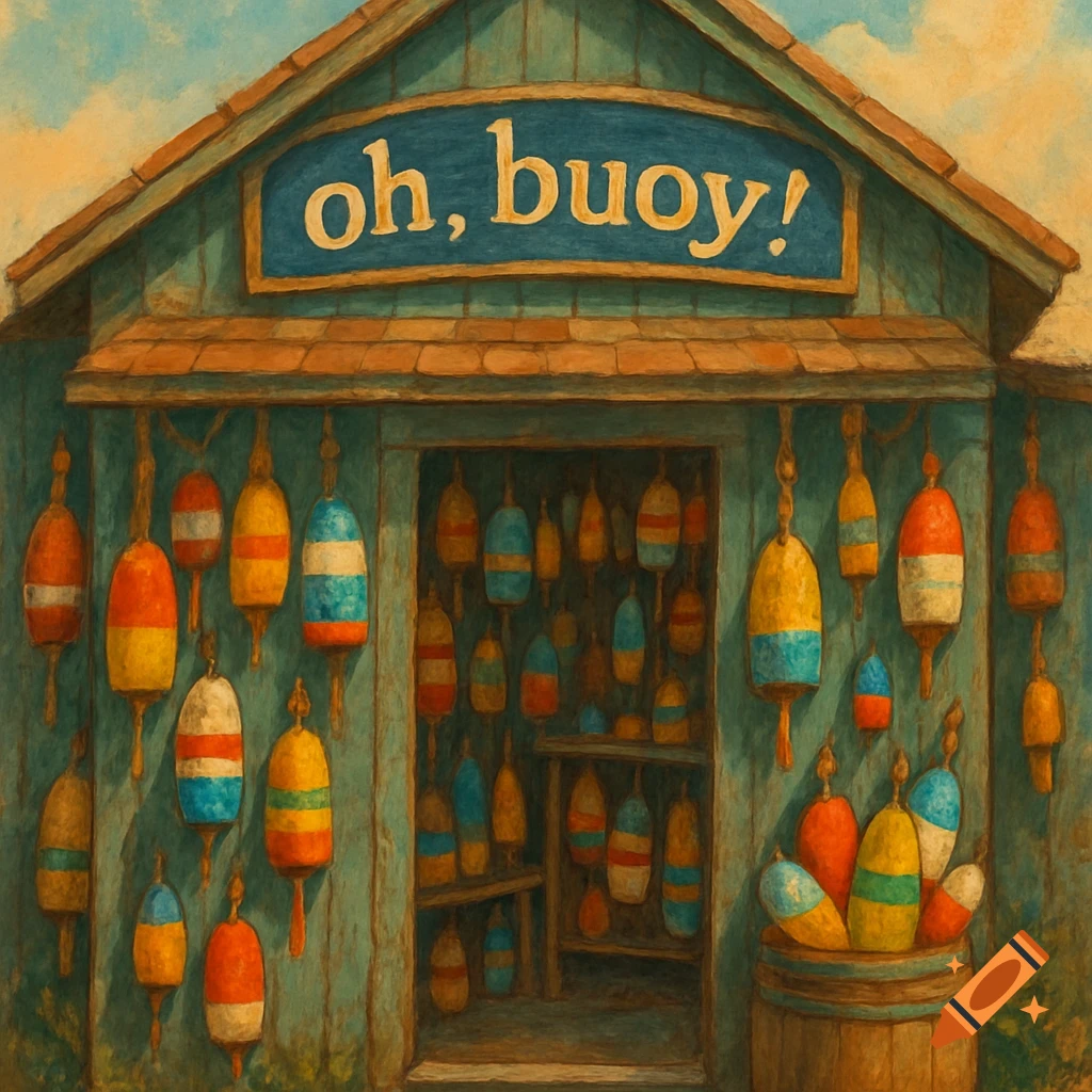 A painting of a small shop with a sign that reads "oh, buoy!" and many colorful buoys hanging outside.