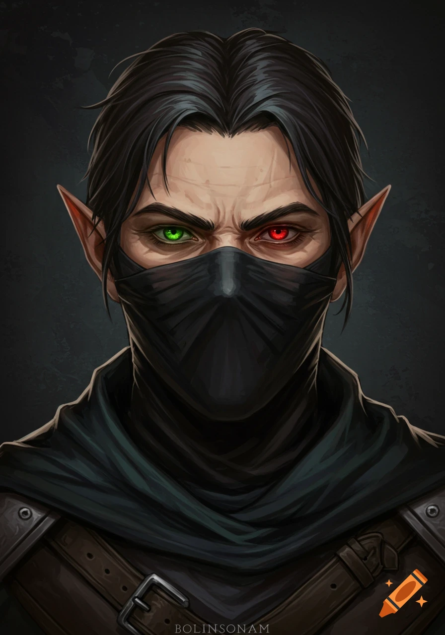 A portrait of a masked fantasy character with one green eye and one red eye.