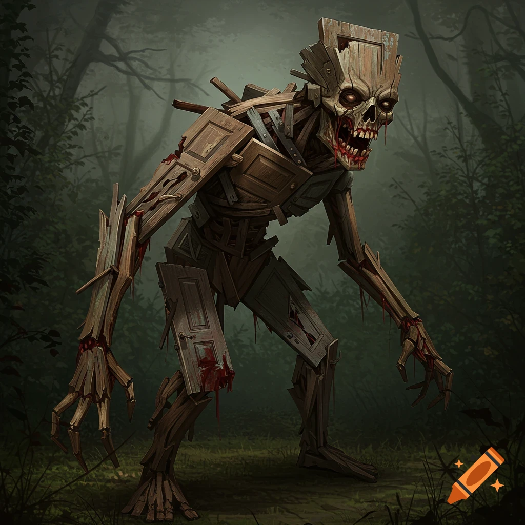 A gruesome zombie creature made from wooden doors and hardware standing in a dark forest.