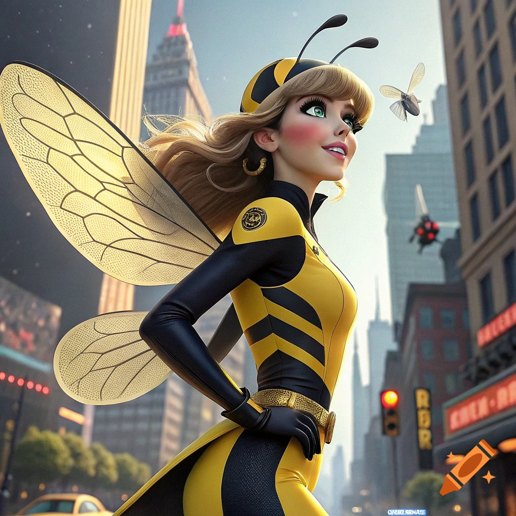 A woman in a yellow and black bee superhero costume with wings stands in a city street, looking up at a bee in an animation style.