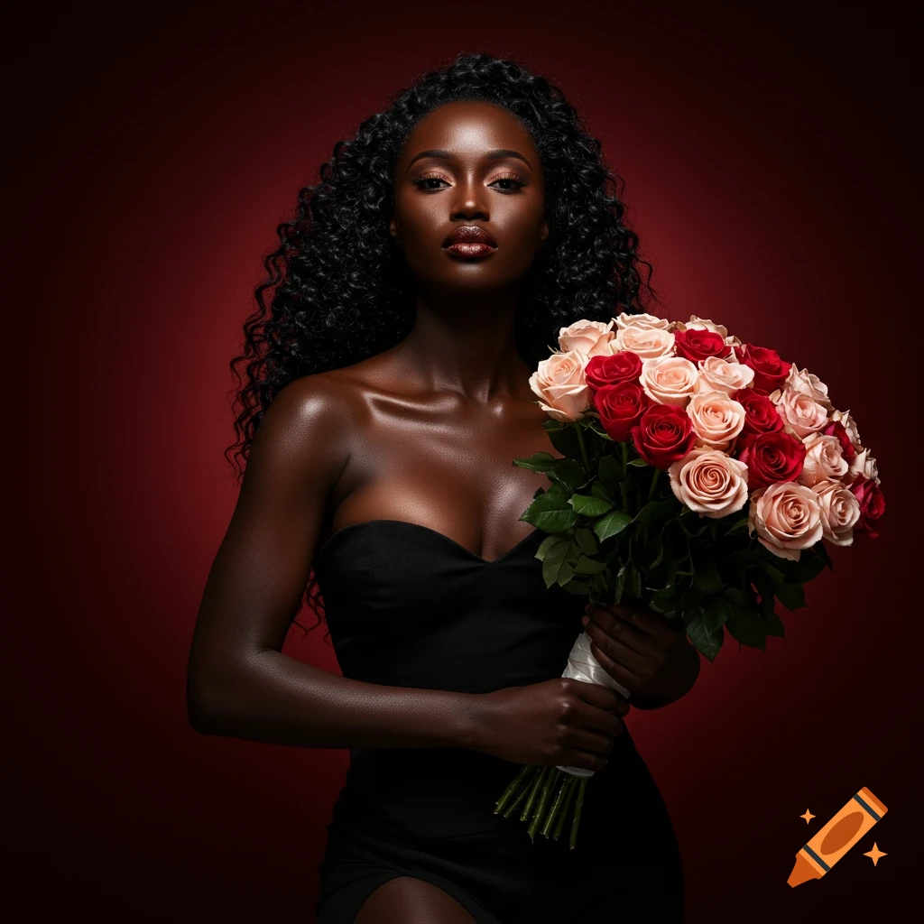 Portrait of a dark-skinned woman in a black dress holding a bouquet of red and pink roses