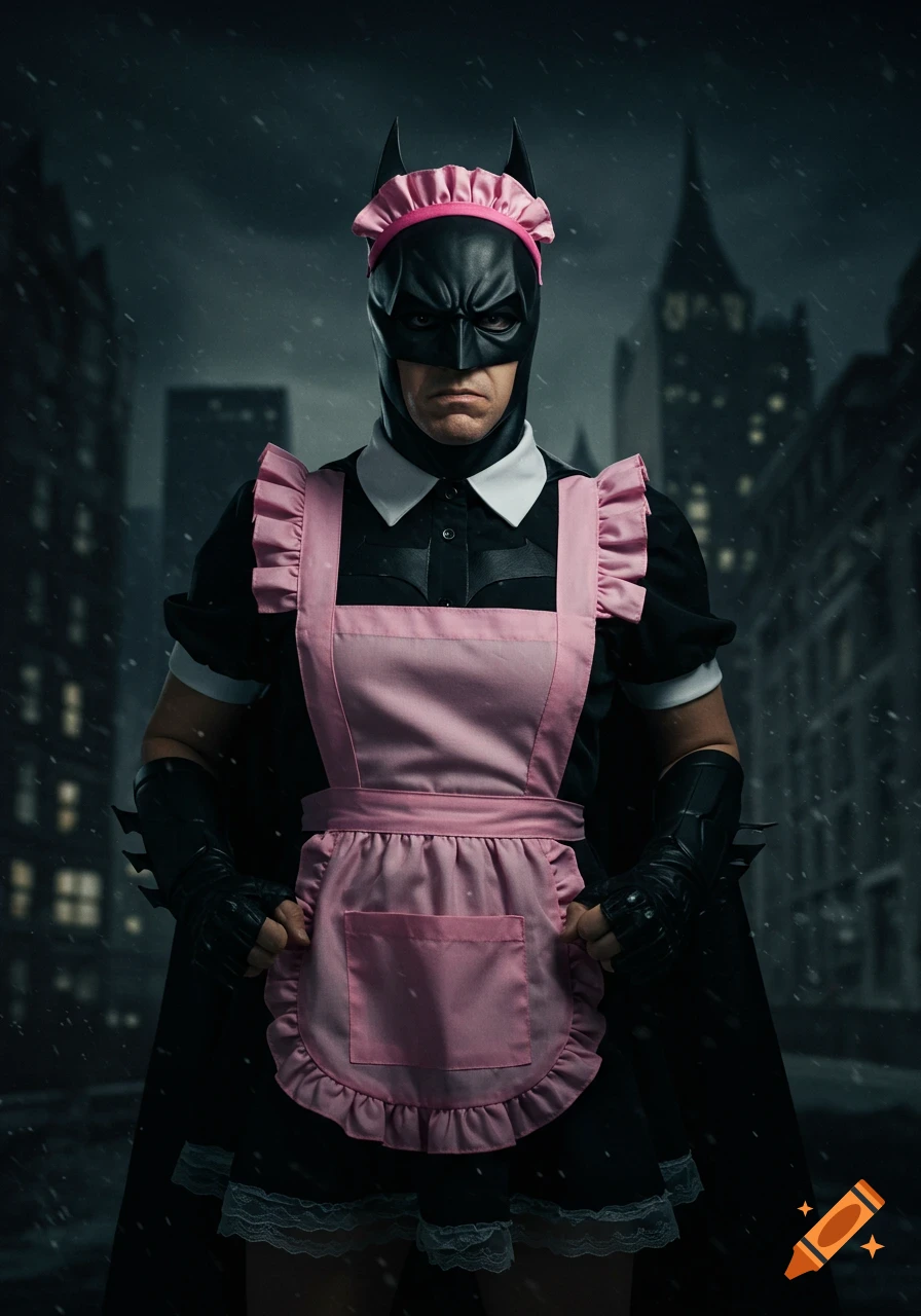 A photorealistic image of Batman wearing a pink maid apron and headband in a city street.