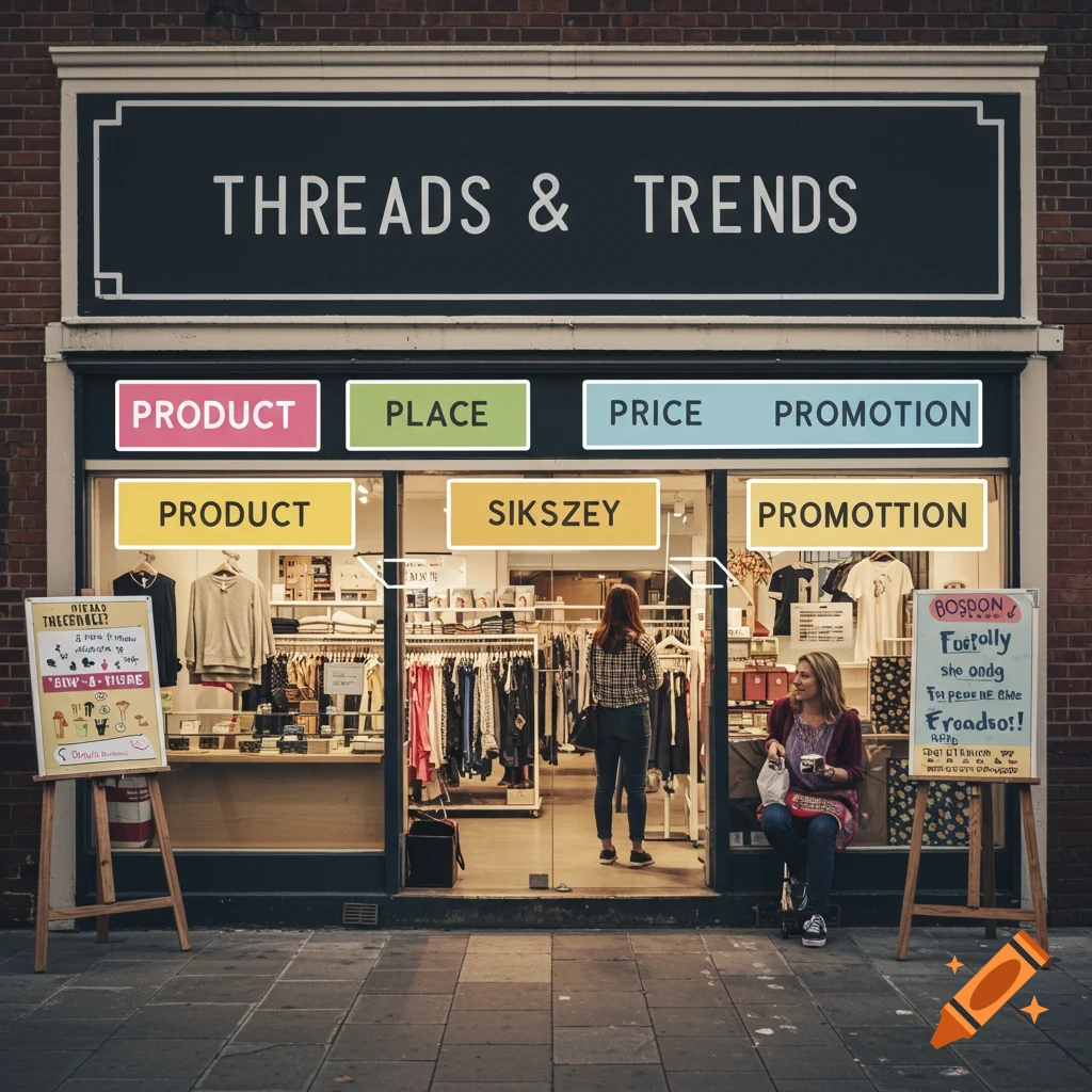 Store front for "Threads & Trends" with signs for Product, Place, Price, and Promotion, and people outside.