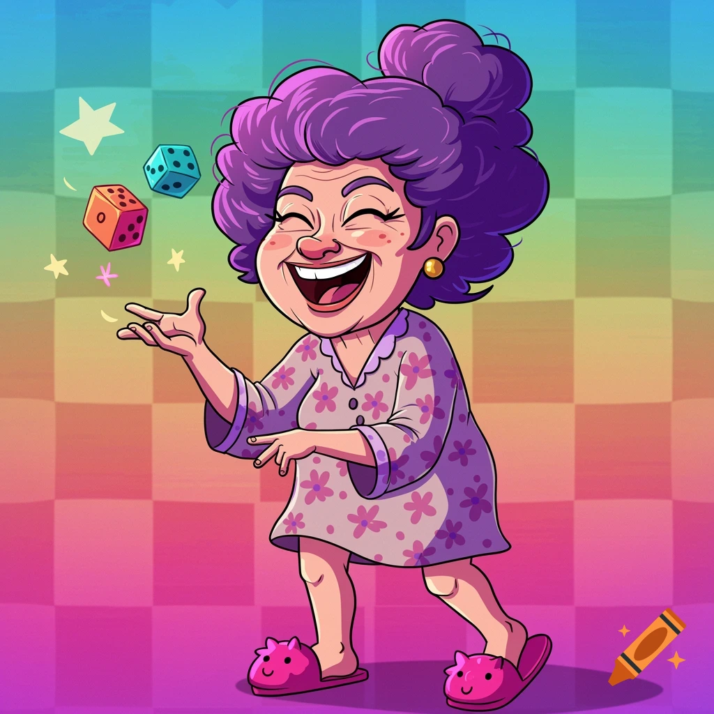 Cartoon illustration of a laughing grandmother with purple hair tossing dice.