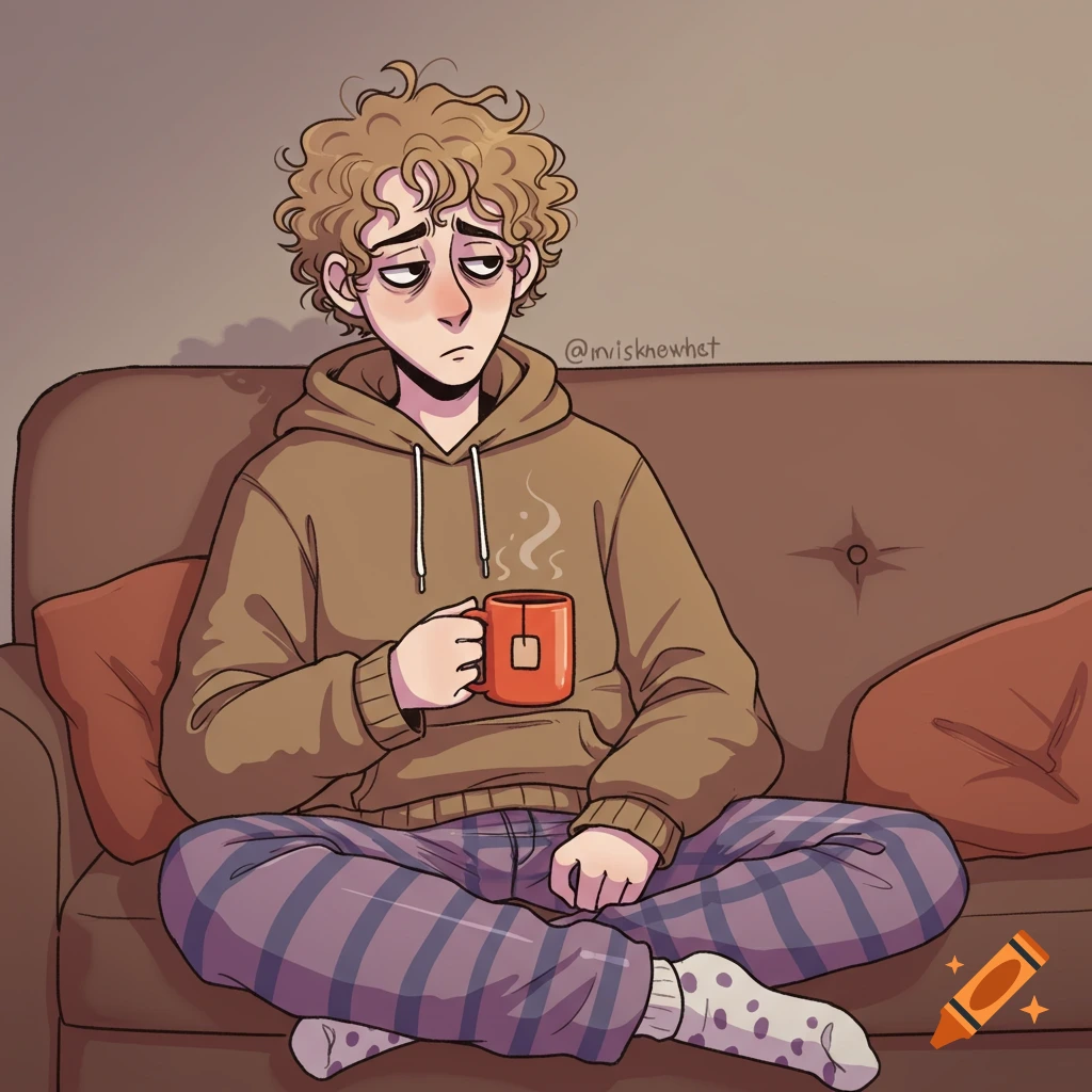 Cartoon illustration of a grumpy person with messy hair, in a hoodie and pajama pants, sitting on a couch with a mug of tea.