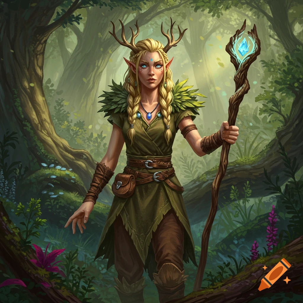 A female wood elf druid is depicted with antlers, braided blonde hair, a blue gem necklace, and a staff. She is shown in a forest setting.
